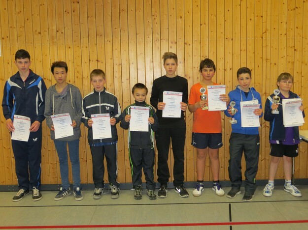 Schüler A (v.l.): 8. Timon Schwarz (TSV Allendorf/Lda.), 7. Philip Thien Tran (Gießener SV), 6. Julian Langsdorf (TSV Kleinlinden), 5. Tim Neuhof (NSC W.-Steinberg), 4. Yannik Scheer (TSV Kleinlinden), 3. Kevin-Falco Krendl (TV Trais-Horloff), 2. Paul S