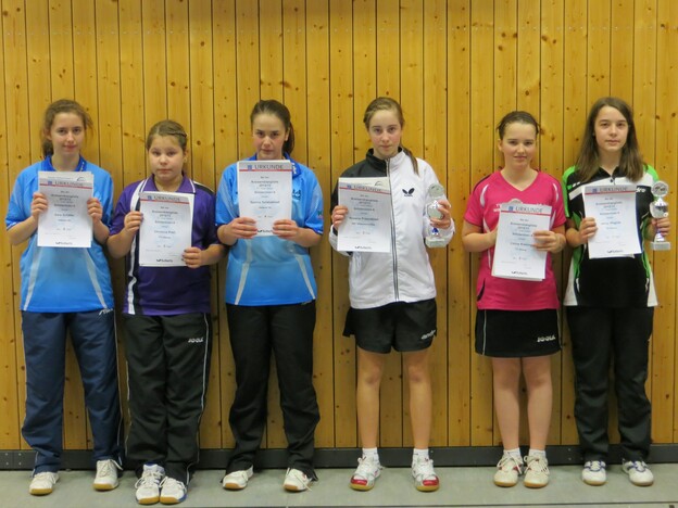 Schülerinnen A (v.l.): 6. Sara Schäfer (Gießener SV), 5. Christine Prell (TTC Wißmar), 4. Samira Safabakhsh (Gießener SV), 3. Roxana Przondzion (NSC W.-Steinberg), 2. Céline Kreiling (TTC Wißmar), 1. Jenny Wagner (TSV Beuern). (Foto: Steffen Kreili